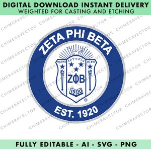 May include: A blue and silver circular logo with the text "Zeta Phi Beta" in a white circle. The logo also includes a shield with the letters "ZΦB" and the text "Est. 1920".