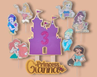 Adorno para tarta de cumpleaños de princesa / 7 púas de princesa / Decoración de cartulina 3D hecha a mano