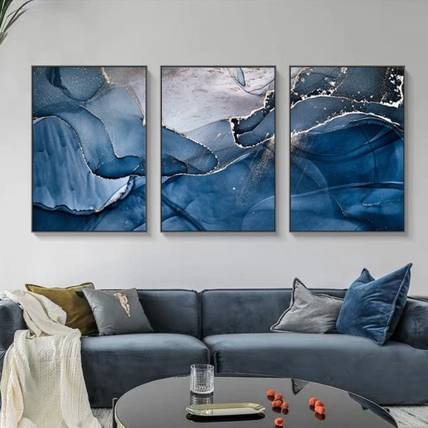 Set of 3 Blue Silver Marble Print, Living Room Wall Decor, Minimalist, Classy Prints, Classy, Marble Wall Decor, Marble Prints