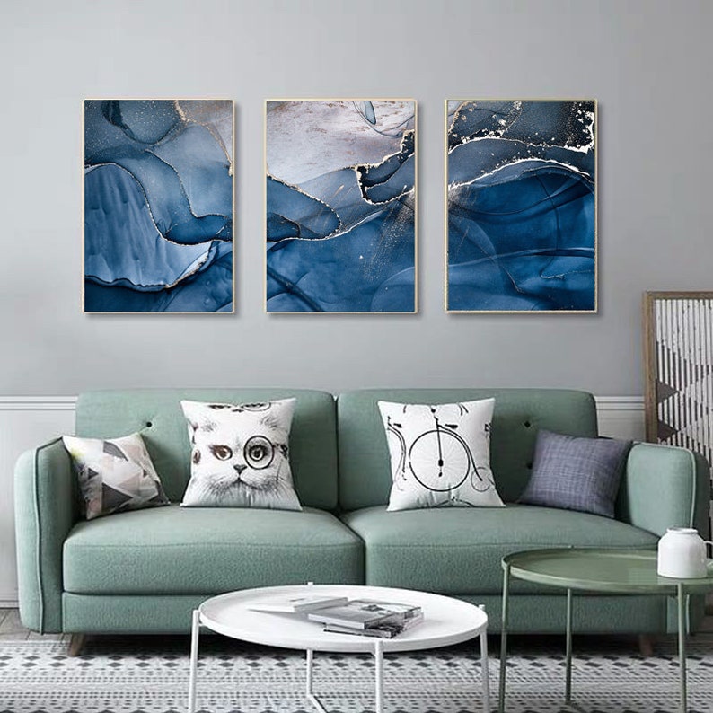 Set of 3 Blue Silver Marble Print Living Room Wall Decor - Etsy