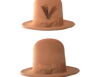 Stand Tall in a Sophisticated Extra Tall 100% Wool Bowler Hat with Feather - For Confident Men & Women