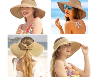 Visière d'été pour femme, visière pare-soleil pour femme à large bord, chapeau de soleil pour femme, protection solaire pliable, élégant et confortable, chapeau de plage de vacances intemporel, réglable