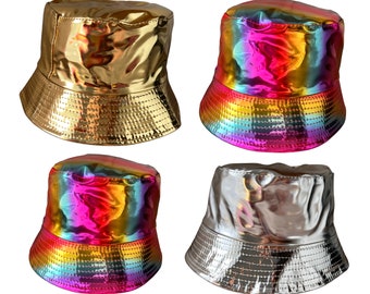 Bob unisexe, Bob arc-en-ciel, Chapeau de pêcheur de pluie en vinyle brillant PU, Chapeau de pluie réversible en PU brillant, Bob sirène licorne