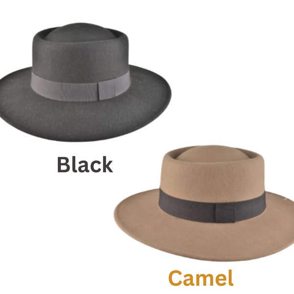 Chapeau cloche en feutre de laine à large bord, chapeau cloche en feutre de laine 100 %, style cloche en forme de tourte de porc pour homme et femme