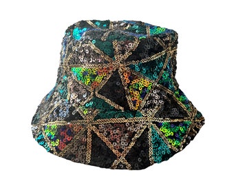 Chapeau seau à paillettes, tendance et élégant : chapeau seau de pêcheur à paillettes unisexe, chapeau de fête multicolore pour festivals et fêtes.