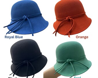 Ladies Wool Felt Vintage Cloche Hat, Classic Stylish Asymmetrical Upturn Brim Double Band Knot Warm Comfy Crushable Rainproof Adjustable