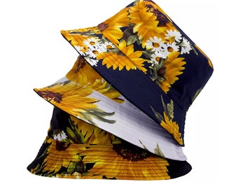 Bucket Hat Sunflower Bloom Reversible Bucket Hat, Sunflower Print Reversible Fisherman Hat - Fashionable and Versatile Sun Protection