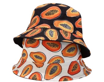 Bucket Hat: Papaya Print Reversible Fisherman Hat -PapayaFruit Reversible Bucket Hat, Tropical Fruit Pattern for Unisex Style