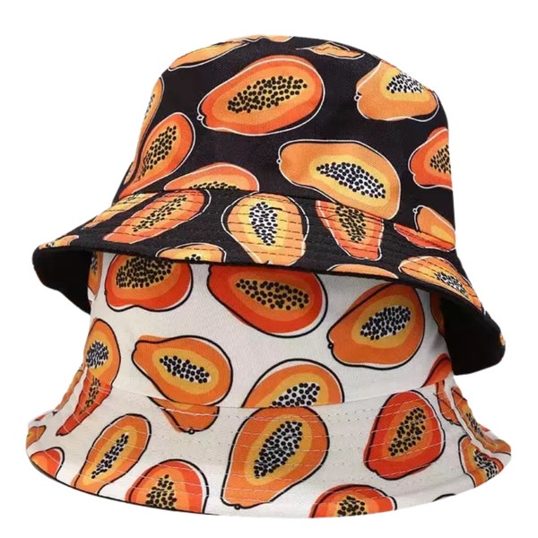 Bucket Hat: Papaya Print Reversible Fisherman Hat -PapayaFruit Reversible Bucket Hat, Tropical Fruit Pattern for Unisex Style