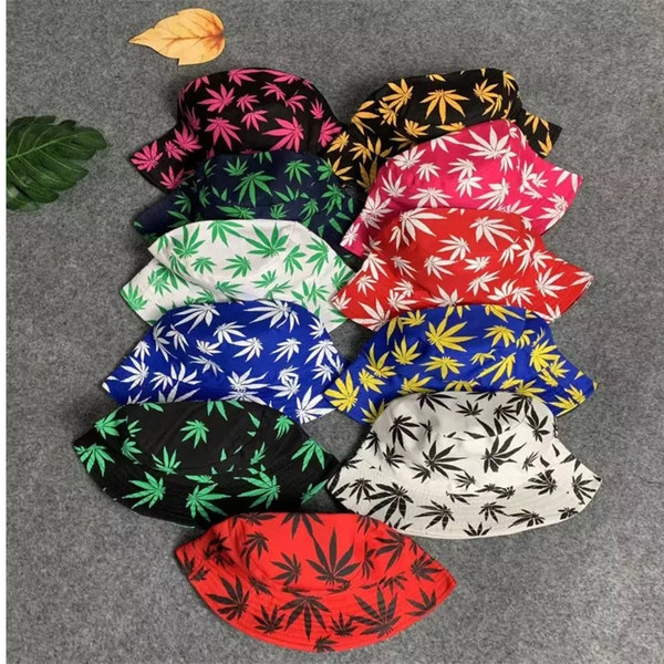 Leaf Print Bucket Hats: WeedLeaf Reversible Bucket Hat, Weed Leaf Reversible Fisherman Hat - Unisex Stylish Headwear