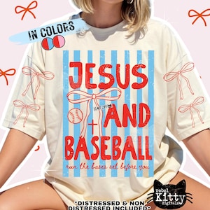 May include: Cream-colored t-shirt with the words "JESUS AND BASEBALL" in red, set against blue vertical stripes. A baseball and cross are incorporated into the design. The text "run the bases set before you" is below the main text.