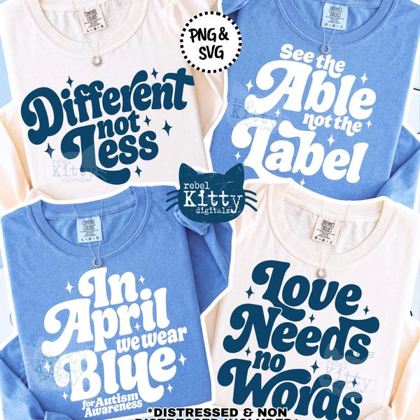 Paquete de autismo PNG/SVG/Moderno/Concientización sobre el autismo/Teatro/Mes del autismo/En abril vestimos de azul/Retro/DTF/Sublimación
