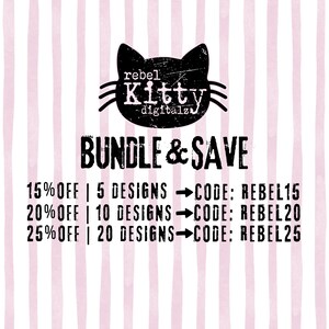 Puede incluir: Logotipo de gato negro con el texto "rebel Kitty digitalz" encima de las palabras "BUNDLE & SAVE". La imagen tiene un fondo a rayas rosas y blancas. El texto ofrece descuentos en paquetes de dise&ntilde;os.