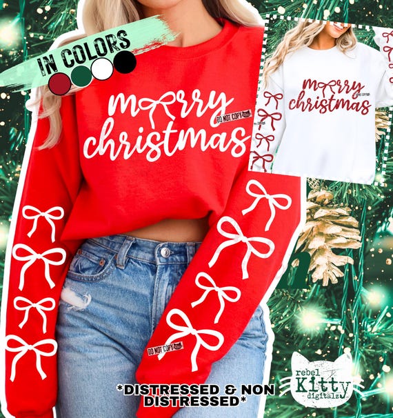 Merry Christmas Bow PNG | SVG | Trendy Christmas | Girly Christmas | Christmas Coquette | Sleeve Design | Christmas Bow | Preppy | DTF