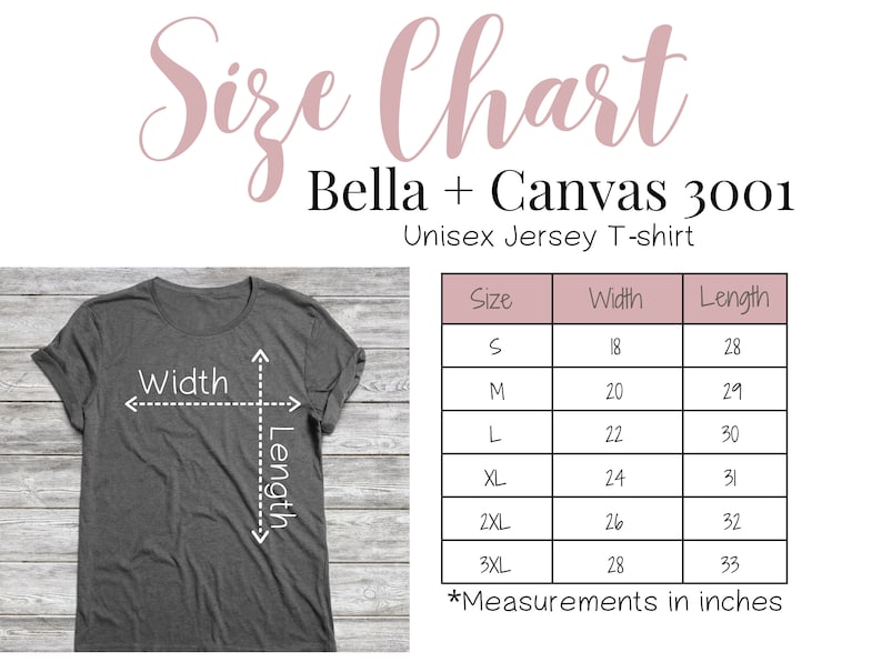 K&ouml;nnte beinhalten: Gr&ouml;&szlig;entabelle f&uuml;r das Unisex-Jersey-T-Shirt Bella + Canvas 3001. Die Tabelle zeigt die Breite und L&auml;nge in Zoll f&uuml;r die Gr&ouml;&szlig;en S, M, L, XL, 2XL und 3XL.