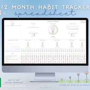 May include: A computer monitor displays a 12-month habit tracker spreadsheet. The screen shows a summary dashboard with a hot air balloon graphic, habit tracking charts, and the text "JULY 2023". The bottom left corner has a Google Sheets icon and the text "EASY TO USE, INSTANT DOWNLOAD, GOOGLE SHEETS".