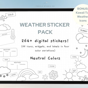May include: A digital sticker pack with 264+ weather icons, widgets, and labels in four colour variations. The pack includes neutral colours and kawaii tan weather icons. The text "WEATHER STICKER PACK" is at the top of the image.