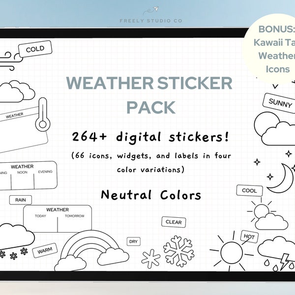 Weather Digital Stickers for Digital Planners, GoodNotes Stickers, Icons, Widgets, Labels, Pre-Cropped, Individual PNG, Coloring Stickers
