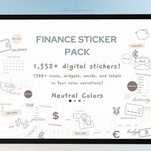 May include: A digital sticker pack for personal finance, budgeting, and money management. The pack includes 1,552+ digital stickers, icons, widgets, words, and labels in four neutral colors. The image shows a variety of stickers, including a piggy bank, a calendar, a credit card, and a budget tracker.