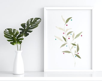 Christmas Olive Branch Print // Instant Download Watercolor Print // Holiday Art // Christmas Wall Art // Decorated Olive Branch