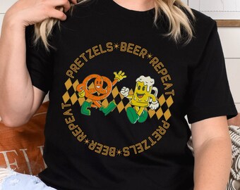 Retro Oktoberfest T-shirt Oktoberfest T-shirt Pretzels Bier Herhaal T-shirt Bierliefhebber Prost Duits Duitsland shirt Herfstfestival