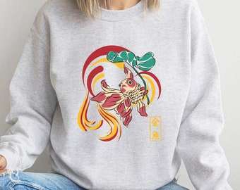 Sweat-shirt esthétique japonais Gold Fish « Kingyo », chemise design japonaise, chemise de calligraphie japonaise, chemise de poisson Koi, Street Wear japonais