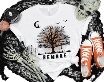 Beware Halloween Spooky Cat and Witch T shirt, Halloween costume t shirt, Halloween shirt, Cat Halloween T shirt, Tree T shirt, Bats T shirt
