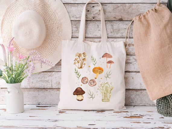 Mushroom canvas tote bag, Botanical tote bag, Nature tote bag, Cottagecore bag, Watercolor Mushroom bag, Aesthetic tote bag