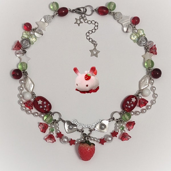 Strawberry necklace // handmade beaded clutter chocker aesthetic cottagecore fairycore jewelry kawaii alt girl handcrafted stainless steel