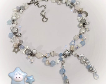 AURORA// handmade beaded Kawaii fairycore cute bow necklace angelcore altgirl stainless steel coquette aesthetic jewelry pastel blue chocker
