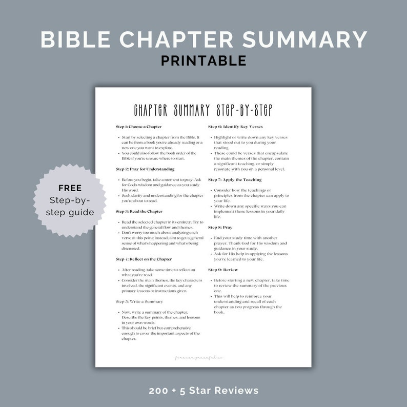 May include: A printable guide with a step-by-step method for summarizing a chapter in the Bible. The guide includes steps like choosing a chapter, praying for understanding, reading the chapter, reflecting on the chapter, writing a summary, identifying key verses, applying the teachings, praying, and reviewing the chapter.