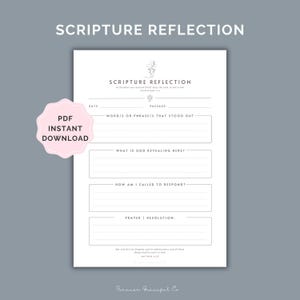 May include: A white printable scripture reflection sheet with black text and a cross icon. The document includes fields for date, passage, words that stood out, God's revelation, response, and prayer. A pink scalloped badge reads PDF INSTANT DOWNLOAD.