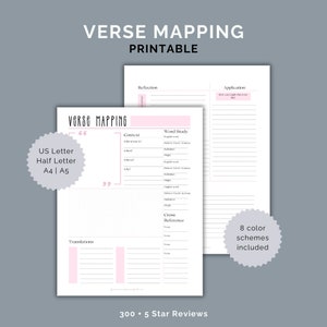 May include: Printable Bible study worksheet with the title "Verse Mapping" in black text. The worksheet includes sections for context, word study, translations, cross-reference, reflection, and application. The worksheet is available in US Letter and A4 sizes.