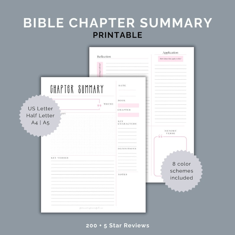 May include: Printable Bible chapter summary template with sections for date, book, chapter, theme, key characters, definitions, notes, key verses, and memory verse. The template is available in US Letter, Half Letter, A4, and A5 sizes. 8 color schemes are included.