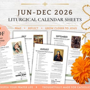 May include: A set of liturgical calendar sheets for June to December 2026, featuring religious imagery, daily prayer schedules, and monthly themes. The documents include text headers, a PDF instant download badge, and a rosary graphic.