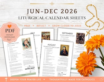 May include: A set of liturgical calendar sheets for June through December 2026, featuring religious imagery, daily prayer schedules, and monthly themes. The documents include text headers, a PDF instant download badge, and a rosary graphic.