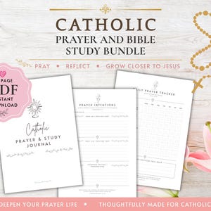 Può includere: Un pacchetto di 12 pagine di preghiera e studio biblico cattolico in PDF che include un diario, un foglio per le intenzioni di preghiera e un tracker di preghiera giornaliero. I documenti presentano testo nero e disegni su carta bianca.