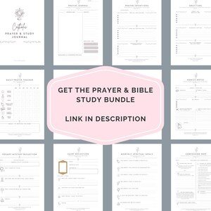 May include: A collection of white printable pages for a Catholic prayer and study journal, featuring sections for daily prayer tracking, gratitude, homily notes, rosary reflections, saint reflections, spiritual goals, and confession preparation.