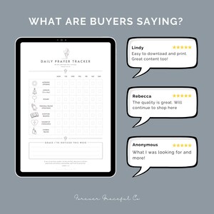 May include: A digital daily prayer tracker template on a tablet screen with a grid for tracking religious activities. Three speech bubbles display five-star customer reviews from Lindy, Rebecca, and Anonymous. The text reads WHAT ARE BUYERS SAYING?