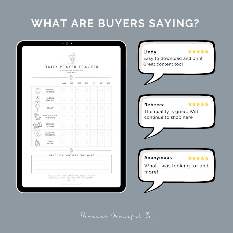 May include: A digital daily prayer tracker template on a tablet screen with a grid for tracking religious activities. Three speech bubbles display five-star customer reviews from Lindy, Rebecca, and Anonymous. The text reads WHAT ARE BUYERS SAYING?