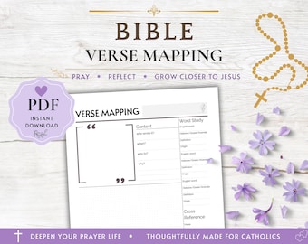 May include: A Bible verse mapping printable sheet featuring sections for context, word study, and cross-references. The document includes a large quote box, grid paper background, and text reading BIBLE VERSE MAPPING, PRAY, REFLECT, GROW CLOSER TO JESUS, and PDF INSTANT DOWNLOAD.