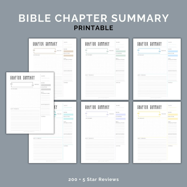 May include: Printable Bible chapter summary pages with a grid layout for notes, key themes, and scripture references. The pages are in different pastel colors.