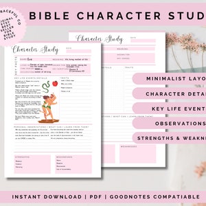 Peut inclure: Feuille de travail d'étude de personnage biblique imprimable avec une mise en page minimaliste. La feuille de travail présente un schéma de couleurs rose et blanc et comprend des sections pour les détails du personnage, les événements clés de la vie, les observations, les forces et les faiblesses. Le personnage d'exemple est Ève de la Bible.