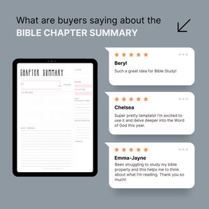 May include: A digital planner template for organizing Bible study notes. The template includes sections for chapter summary, theme, key verses, characters, definitions, and notes. Customer reviews highlight the template's usefulness for deeper Bible study.