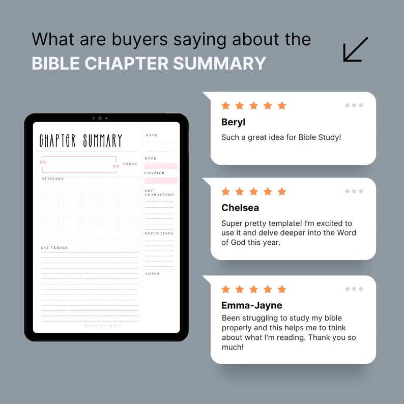May include: A digital planner template for organizing Bible study notes. The template includes sections for chapter summary, theme, key verses, characters, definitions, and notes. Customer reviews highlight the template's usefulness for deeper Bible study.
