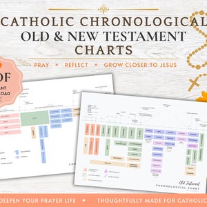 May include: Two white paper charts titled Catholic Chronological Old & New Testament Charts with colorful rectangular blocks representing biblical books. A pink PDF instant download badge is visible, along with a gold rosary and orange flowers.