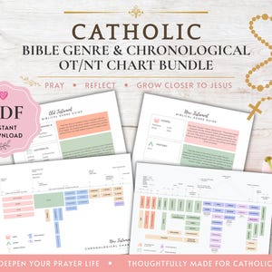 May include: A digital bundle of Catholic Bible genre and chronological charts for the Old and New Testament. The documents feature color-coded sections, text, and diagrams. A pink PDF instant download badge and a gold rosary are visible.