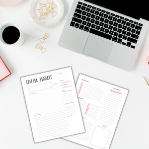 May include: A printable chapter summary and reflection worksheet with pink accents. The worksheet includes sections for date, book, theme, chapter, key characters, definitions, and a quote.