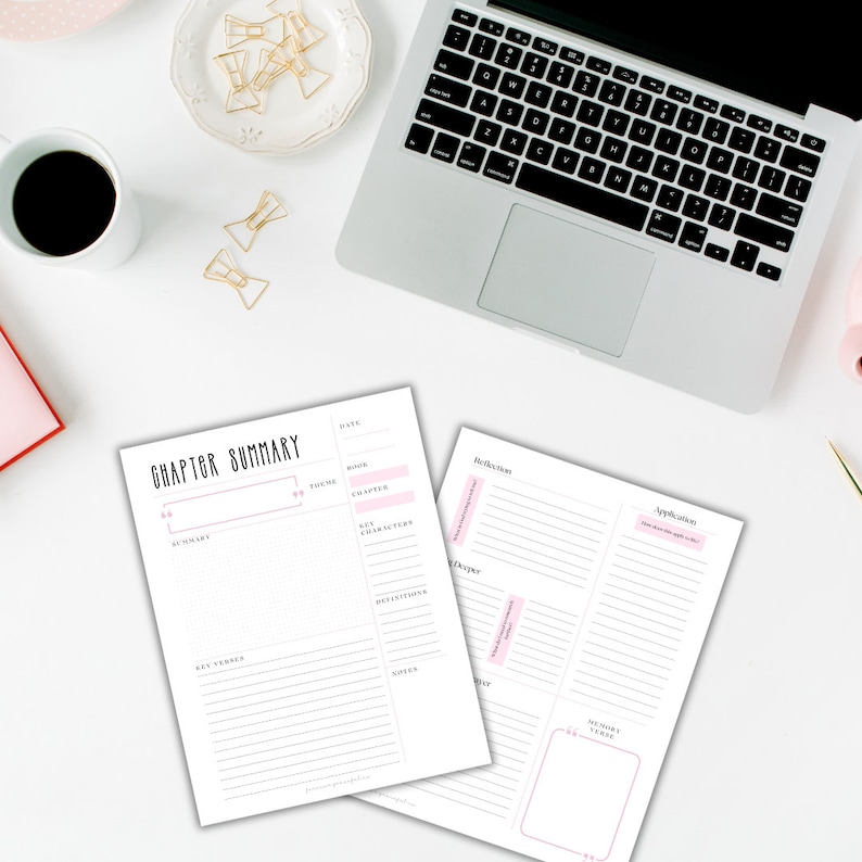 May include: A printable chapter summary and reflection worksheet with pink accents. The worksheet includes sections for date, book, theme, chapter, key characters, definitions, and a quote.