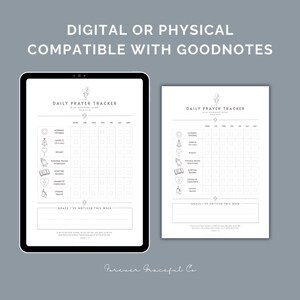 May include: A digital or physical daily prayer tracker template compatible with Goodnotes. The document features a grid for tracking morning offering, Angelus, rosary, prayer intentions, scripture reading, examination of conscience, and evening prayer.